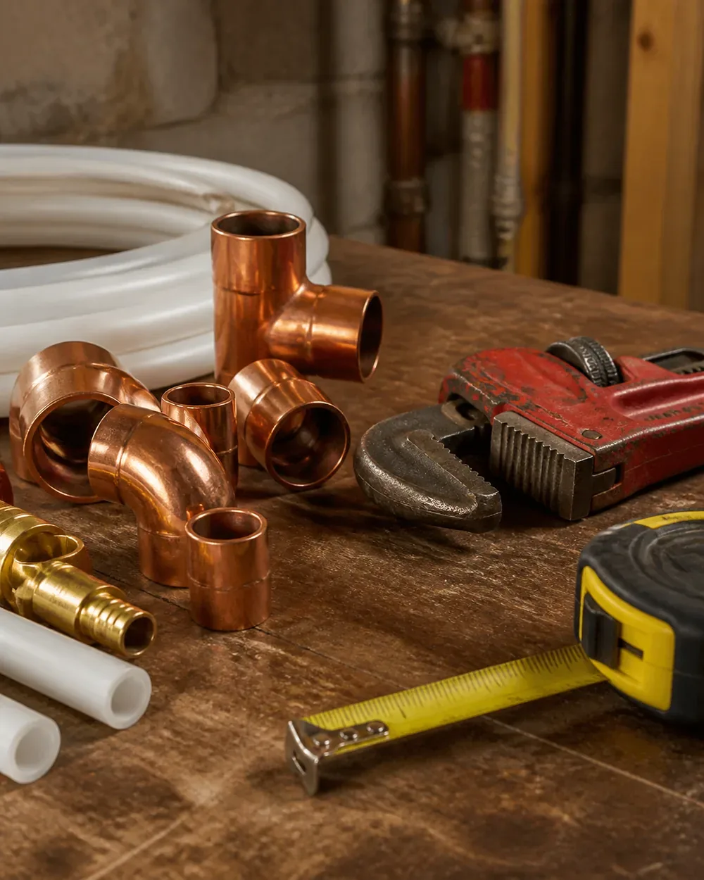 Copper and PEX pipe fittings, a pipe wrench and a tape measure on a basement workbench