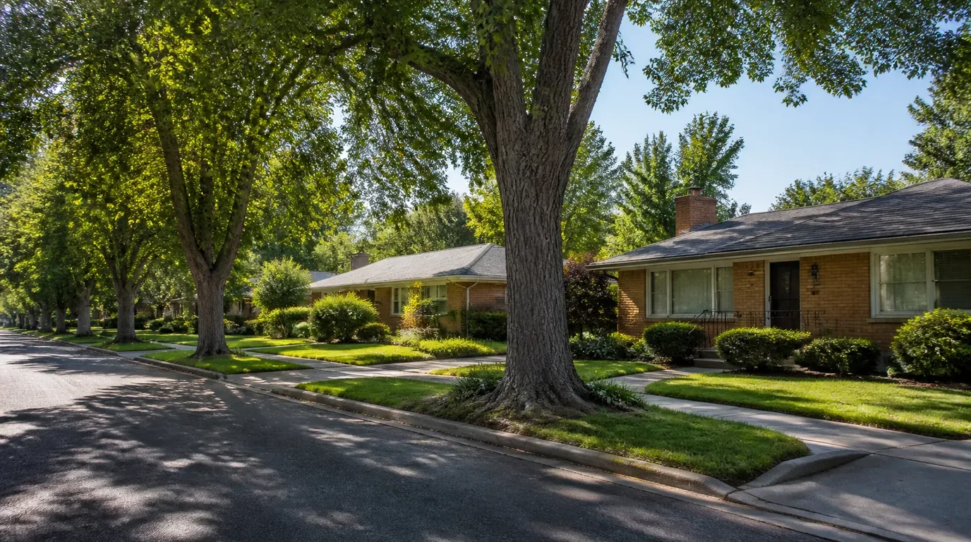 An older Arvada neighborhood with mid-century brick homes and tall shade trees