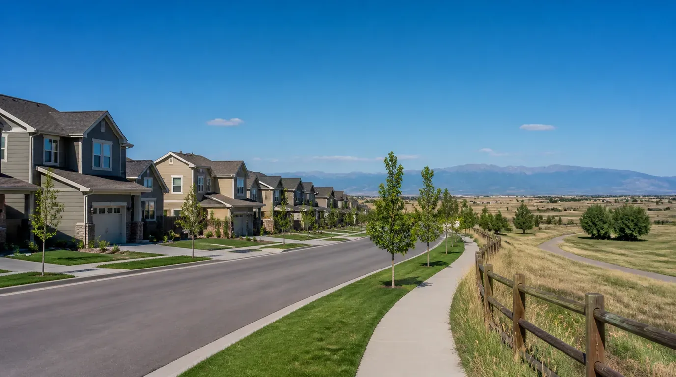 A newer Broomfield street with two-story homes, a paved trail and open space beyond