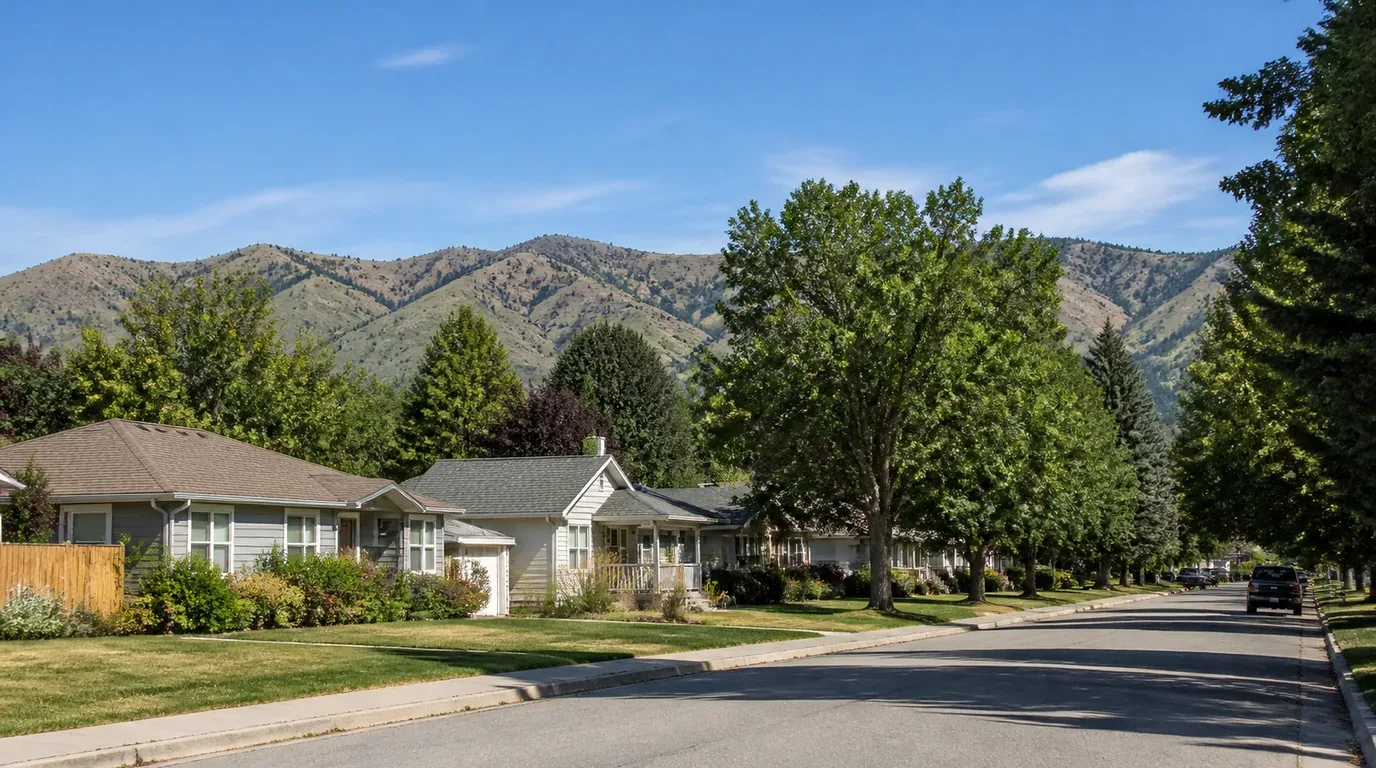 A Wheat Ridge street of small bungalows under mature trees with the foothills behind