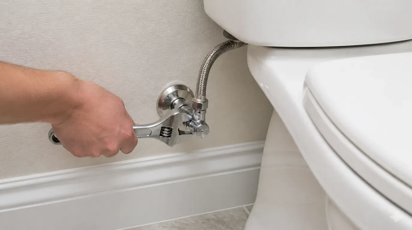 A hand tightening the supply valve behind a white toilet with an adjustable wrench