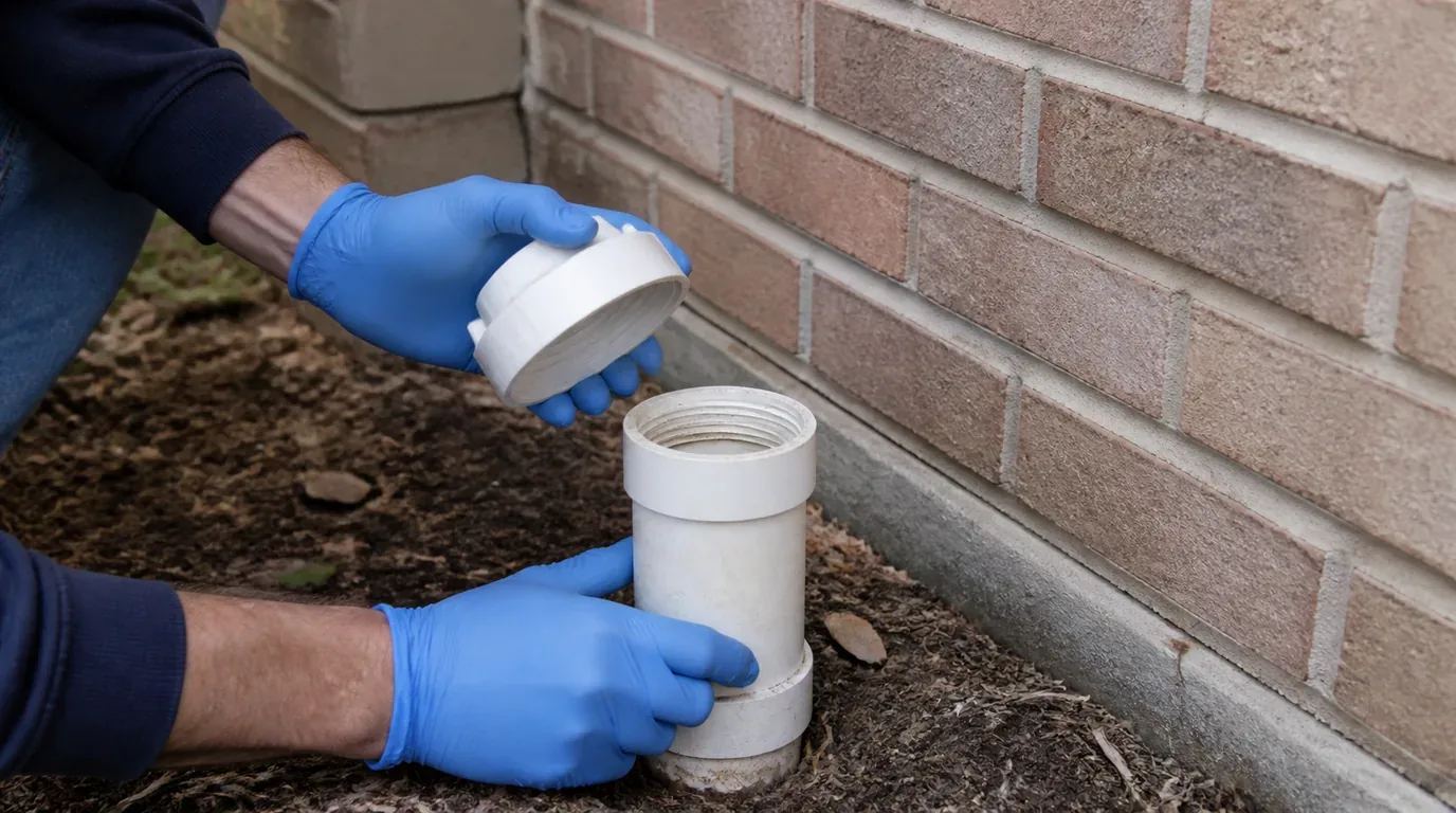 Blue-gloved hands removing the cap from a white PVC cleanout beside a brick house wall