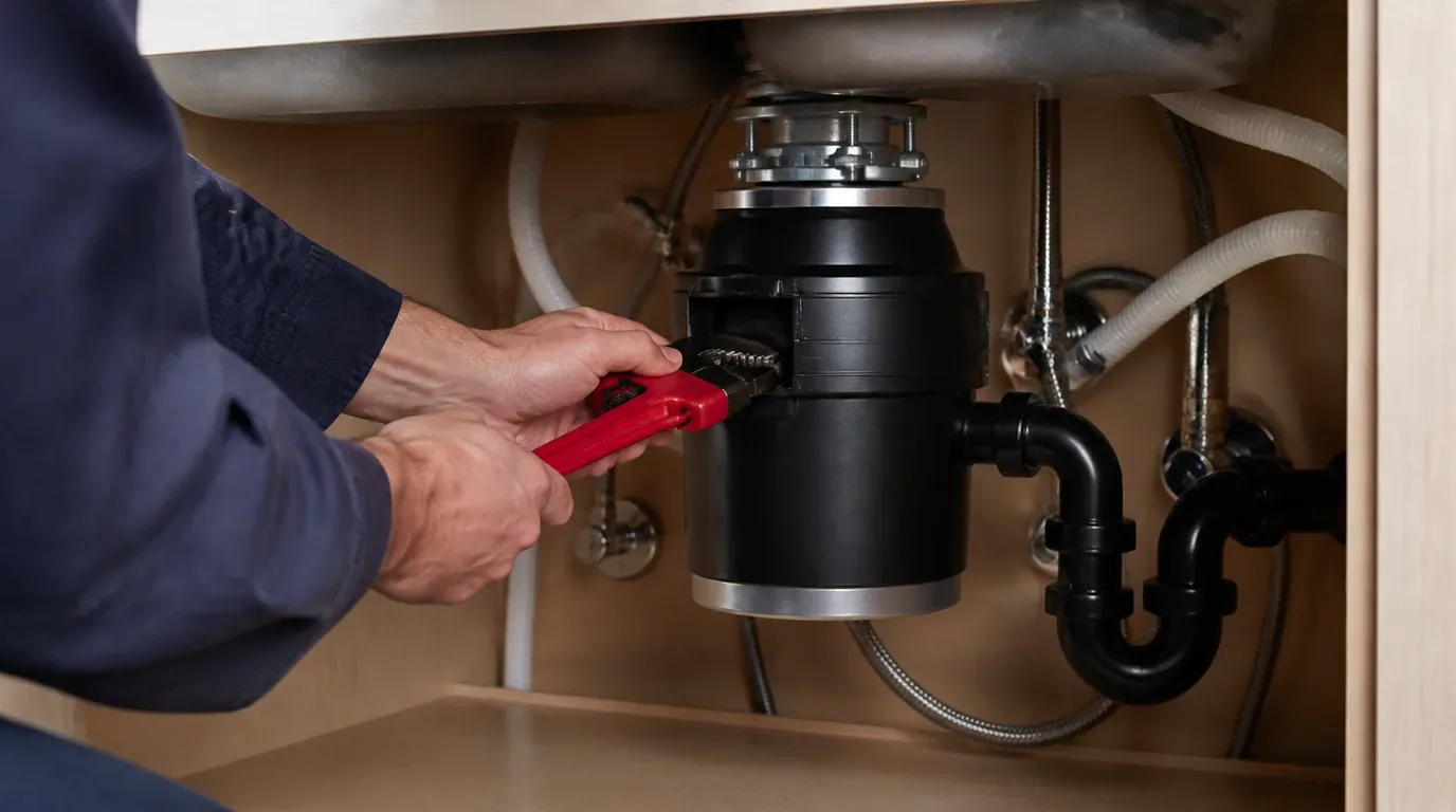 A plumber under a kitchen sink working on a garbage disposal with a wrench, drain and supply lines visible