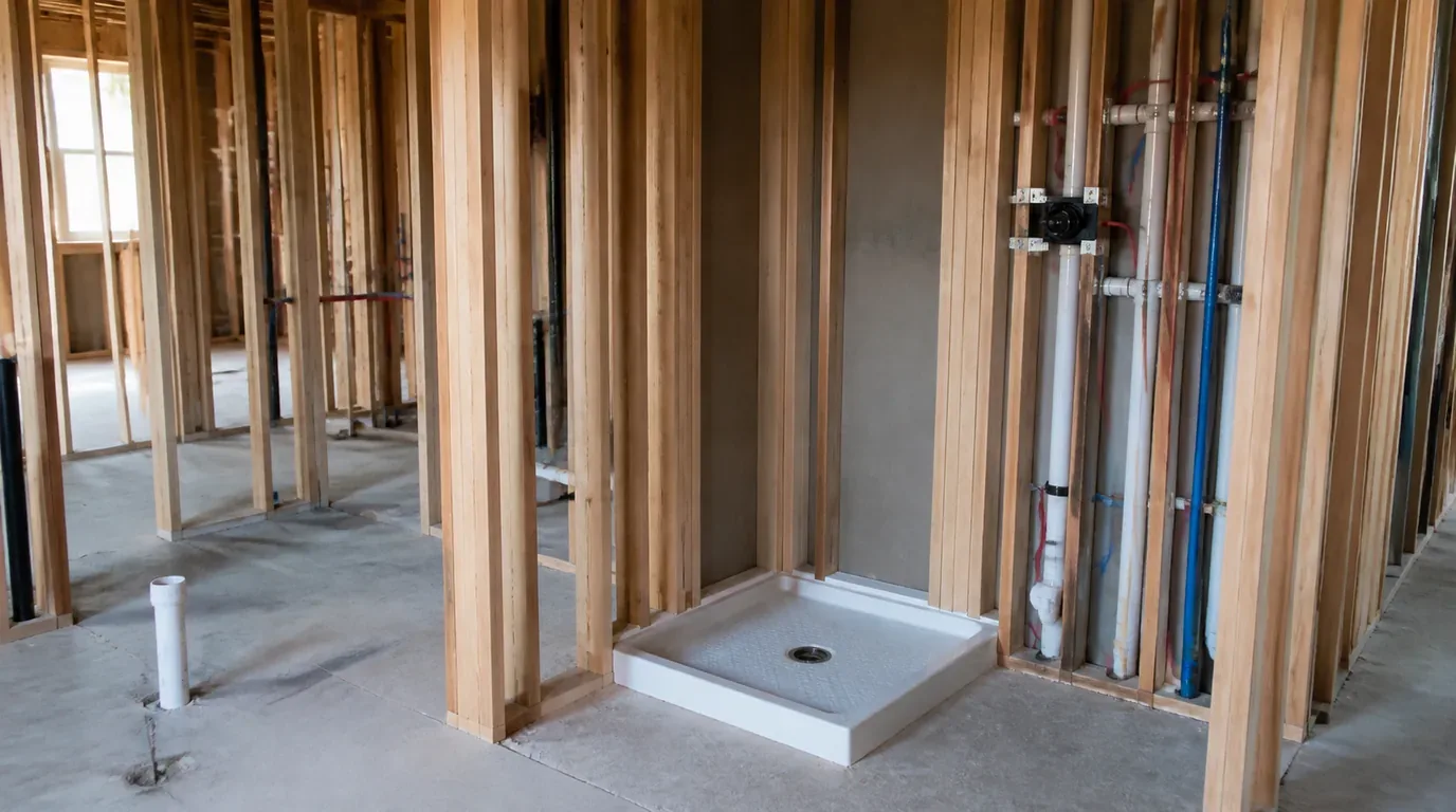 The wood framing of a new house with rough-in plumbing and a shower pan in place