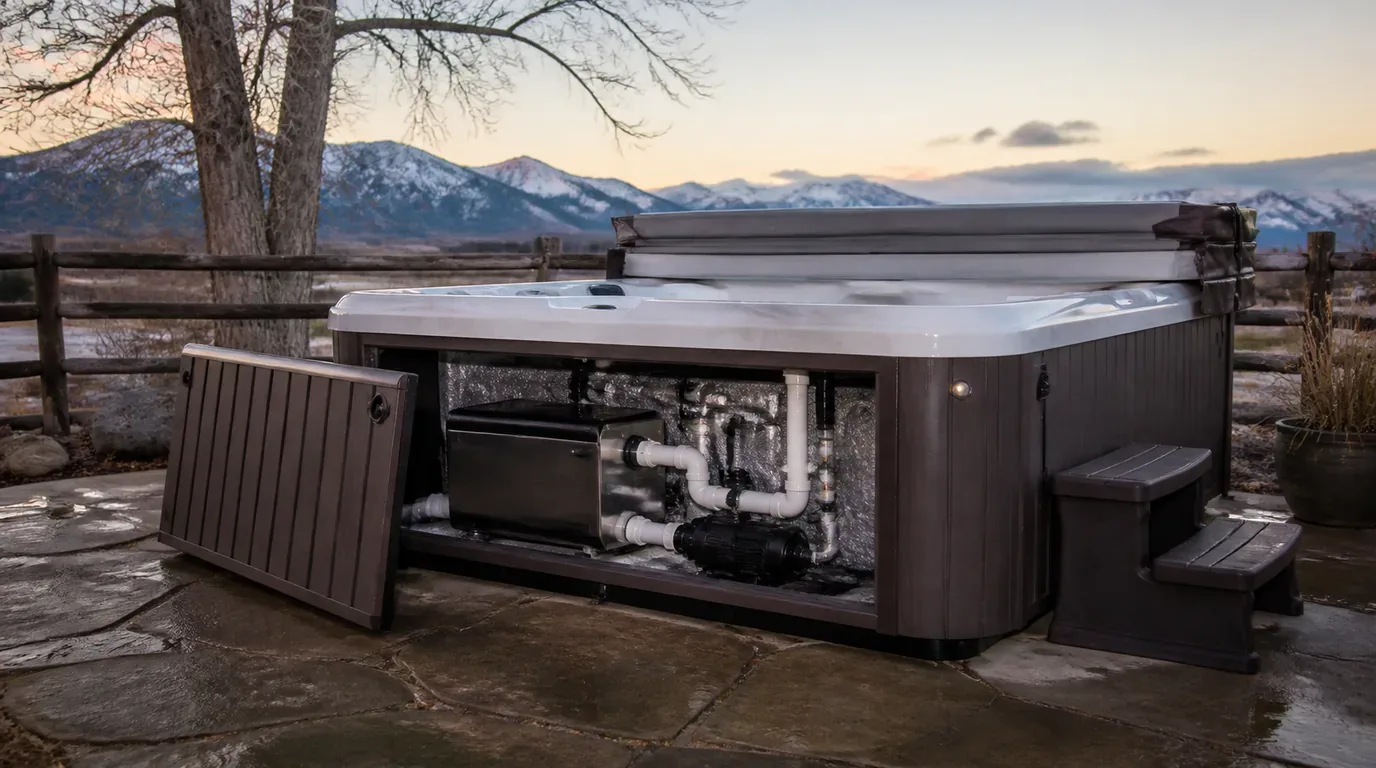 A backyard hot tub on a stone patio with its side access panel open, showing the pump, heater and PVC plumbing
