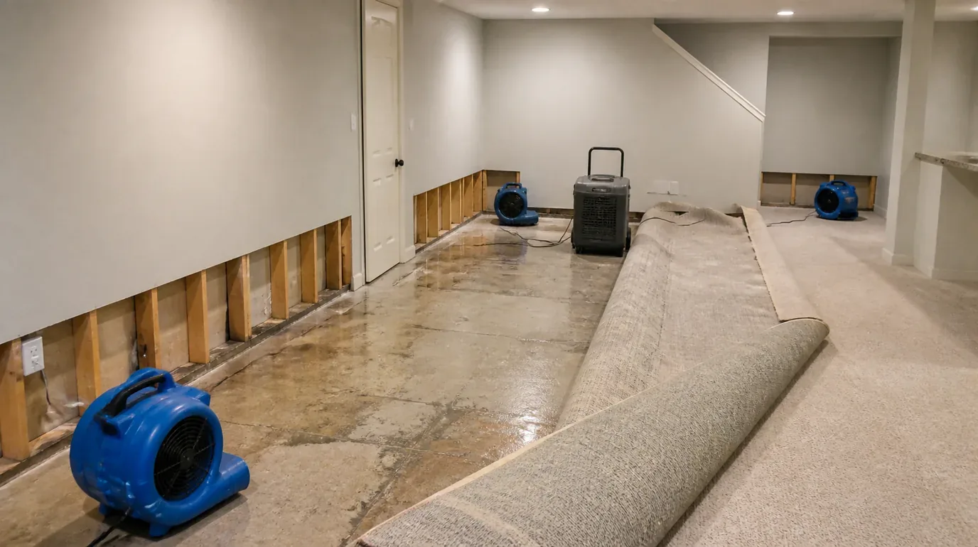 A finished basement room with a section of drywall cut out above the floor, air movers and a dehumidifier running, carpet rolled back